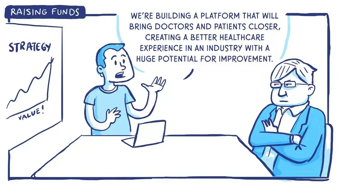 A cartoon with two people discussing a sales pitch in a conference room. the cartoon is drawn with blue tones.