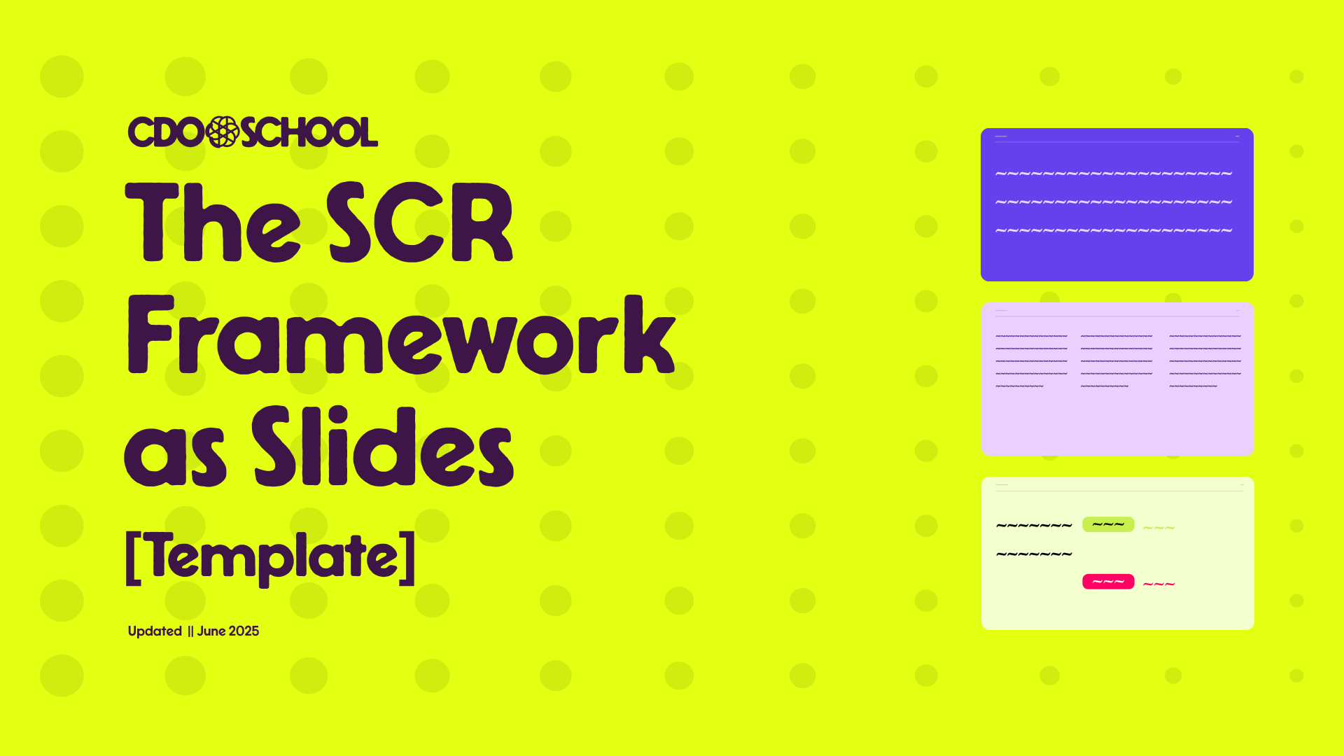 The SCR Framework as Figma Slides banner. lime green background with purple toned icons.